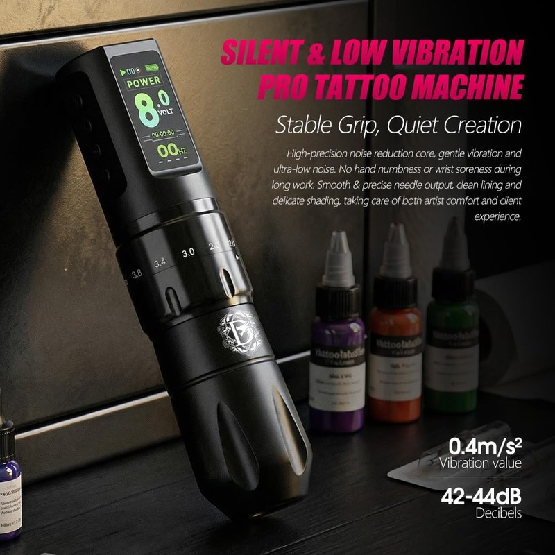 Tattoo Kit: Cordless Tattoo Gun with Adjustable Stroke, 38mm Grip