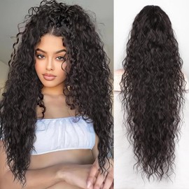 QGZ Claw Clip Ponytail Extension 30 inch Claw Clip in Ponytail Extensions for Women Long Wavy Curly Fluffy Pony Tails Hair Extensions Synthetic Hairpieces for Daily Party Use(Black Brown)