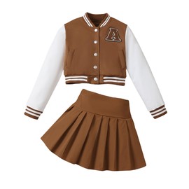 YOURUIKEY Girls 2 Piece Outfits Skirt Set Button up Jacket Sweatshirt and Pleated Mini Skirts Fall Winter Clothes Size 7-8Y