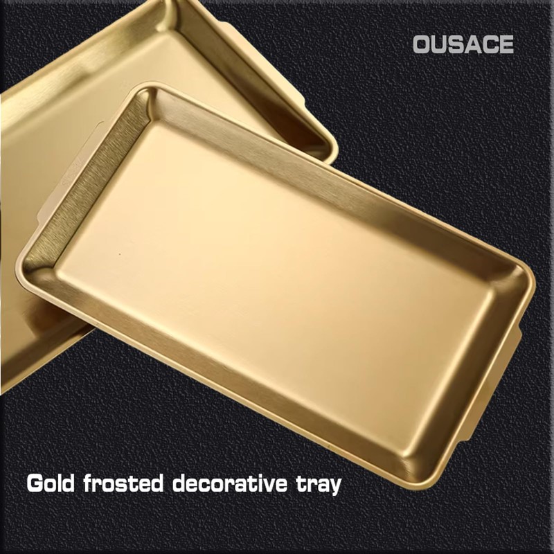 Rectangular Gold Decorative Metal Tray, Raised Edge Gold Platter (Large)
