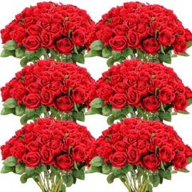 Jexine 50 Rosas Artificiales Rosas de Seda Realistas con Ramo de Flores de Tallo Flores de Plástico Falsas de Aspecto Real para Hogar Bodas Centros de Mesa Decoraciones de Fiesta (Rojo)
