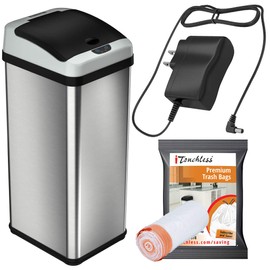 iTouchless Touchless Trash Can with AC Adapter and 10 Premium Bags, Odor Control System, Big Lid Opening Sensor Kitchen Garbage Bin, 13 Gallon, Stainless Steel