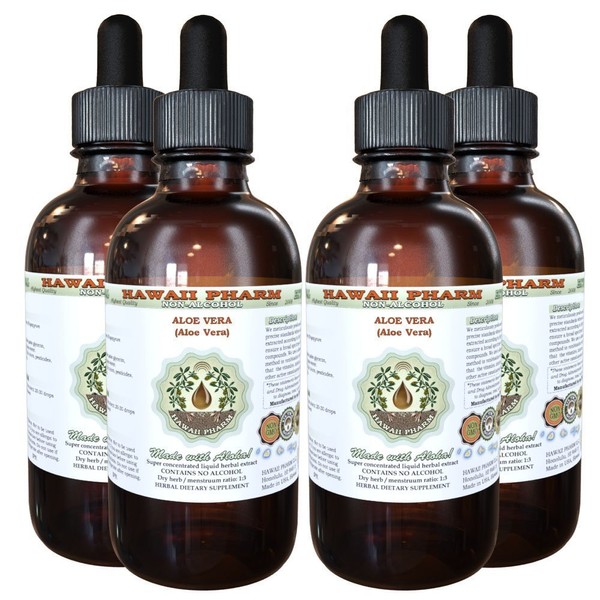 Aloe Vera Alcohol-FREE Liquid Extract, Organic Aloe Vera (Aloe Vera) Dried Leaf Glycerite Hawaii Pharm Natural Herbal Supplement 4x4 oz
