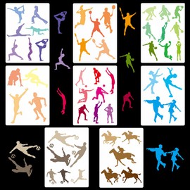 GORGECRAFT 8 Styles Sports Theme Stencil 21x15cm Sports Player Template Basketball Football Volleyball Tennis Athletics Equestrian Yoga Figure Skater Reusable Painting Stencil Canvas Wall DIY Decor