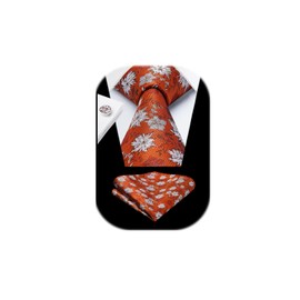 Enlision Burnt Orange Mens Ties and Pocket Square Cufflinks Set Formal Woven Floral Mens Necktie Handkerchief for Wedding