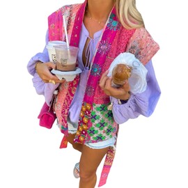 Yimoon Women's Cropped Puffer Vest Floral Print Lightweight Sleeveless Quilted Jacket Open Front Padded Gilet Outwear(Rose-L)