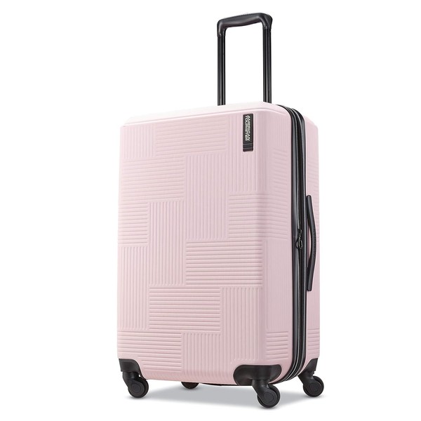 American Tourister Stratum XLT Expandable Hardside Luggage with Spinner Wheels, Pink Blush, Checked-Medium 24-Inch