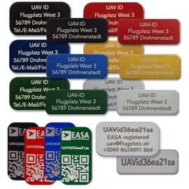 UAV-ID - Drone licence plate - name plate or e-ID, 20 x 8 mm or 20 x 11 mm, 3 or 4 lines, anodised aluminium in various colours, high-quality laser labelling.