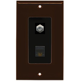 RiteAV - 1 Coax Cable TV F and 1 Cat6 Ethernet Wall Plate Decorative - Brown & Black - Bracket Included