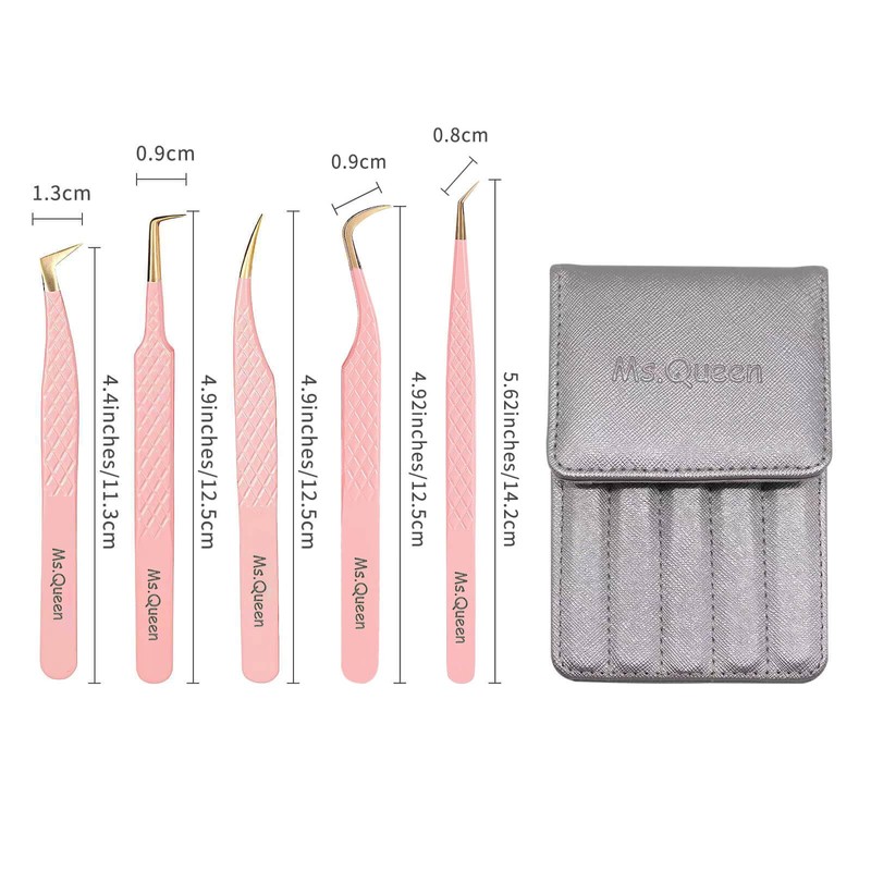 Ms.Queen Lash Tweezers For Eyelash Extensions,5Pcs Professional Fiber Tip Grip