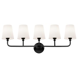 METWET Bathroom Light Fixtures, 5 Light Matte Black Vanity Lights with Flared White Fabric Shade, 35 Inch Wall Sconce, Modern Sconces Wall Lighting for Hallway Bedroom, VL837-MB-5