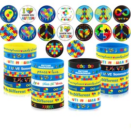 DTOFOOT 64PCS Autism Awareness Party Favor Accessories 32pcs Autism Awareness Button Badges Pins and 32pcs Silicone Bracelets for Party Motivational Goodie Bag Fillers