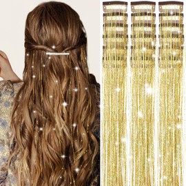 Obinying Hair Tinsel Pack of 18 Pcs Hair Tinsel Clip in 20.5 Inch Glitter Tinsel Hair Extensions Fairy Hair Tinsel Kit Clip in Hair Tinsel Party Festival Hair Accessories for Girls Women Kids (Gold)