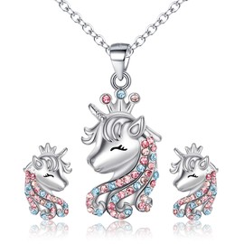 EVER FAITH Unicorn Jewellery Set for Girls 925 Sterling Silver Multicoloured Cubic Zirconia Necklace and Earrings Set Gift for Daughter Granddaughter, Sterling Silver, Cubic Zirconia