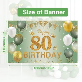 Moorle 80th Birthday Banner Decorations, Large Sage Green Gold Happy 80th Birthday Banner, 80th Birthday Backdrop Banner for Women Men, Shiny 80th Birthday Anniversary Photo Booth Background 180×110cm