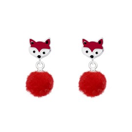 ICYROSE 925 Sterling Silver Cute Animal, cupcake, etc. Stud Earrings with Dangling Pom Pom (Nickel Free) (Fox/Red 37157)