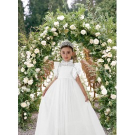 2Bunnies Girl Iris Floral Lace High Neck Ruffled Flutter Sleeve A-Line Tutu Tulle Party Flower Girl Dress (US, Age, 4 Years, Maxi-White)