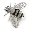 Clear Crystal Black Enamel Bee Brooch in Silver Tone -