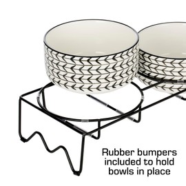 Signature Housewares Ceramic Pet Bowl Set - Food Water Bowls for Dogs and Puppies, Large Cats with Sturdy Metal Stand - Set of 2 6in. Bowls, 32 oz Each
