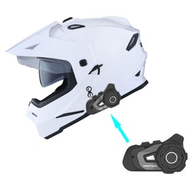 1Storm Dual Sport Motorcycle Motocross Off Road Full Face Helmet Dual Visor Glossy White + Motorcycle Bluetooth Headset