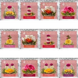 Teabloom - Tés con flores en forma de corazón - 12 flores de té variadas - Té verde + jazmín, granada, fresa, rosa, litchi y melocotón