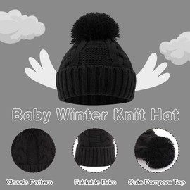 Zsedrut Baby Girls Winter Hat Infant Twist Beanie Cold Weather Warm Pompom Hat(White+Black, 6-12 Months)