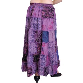 Exotic India Long Printed Dori Skirt from Gujarat with Patch Work - Rayon - Color Crushed Grape