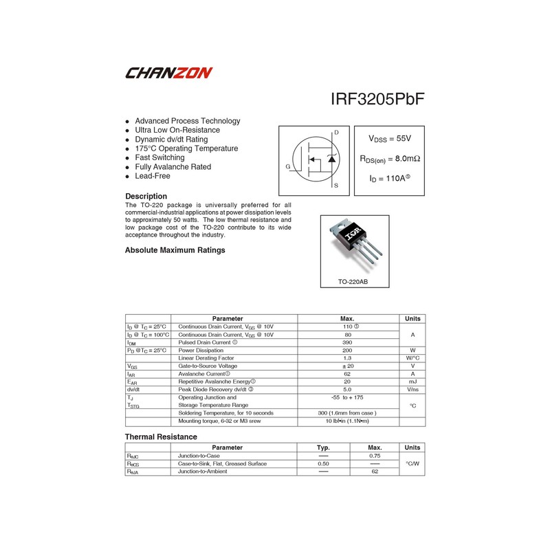 Chanzon IRF3205 TO-220AB NMOS MOS N-Channel Power MOSFET Transistor, High-Efficiency