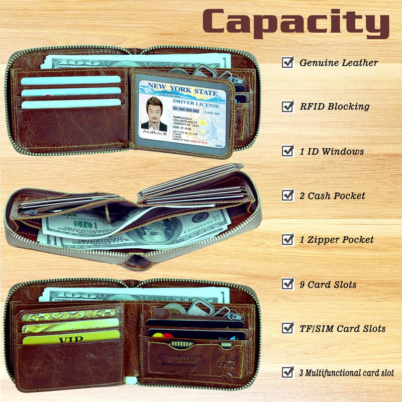 Wallet for Men Bifold Genuine Leather Zipper Wallet RFID Blocking