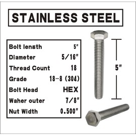 (5 Sets) 5/16-18x5 Stainless Steel Hex Head Screws Bolts, Nuts, Flat & Lock Washers, 18-8 (304) S/S, Fully Threaded by Bolt Fullerkreg