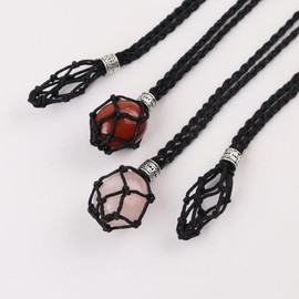 FANASY 4 PCS Crystal Cage Necklace Holder Empty Stone Holder Replacement Hand-Woven Cord with Adjustable Length (Black)