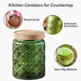 Jueison Glass Jar with Lid, Vintage Glass Storage Jars with Airtight Lid Coffee Canister Sugar Container for Kitchen Counter Pantry, Flour, Candy, Tea, Coffee Beans, Oats (Begonia Green*2)