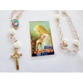 Tarjeta Laminada de la Maria Rosa Mística Set con Rosario de Cristal con Las Flores de la Rosa Mistica