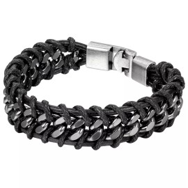 Men's Black Braided Leather & Silver Stainless Steel Cuban Chain Bracelet – Stylish Bangle