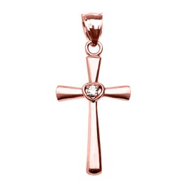 Religious Jewelry Solitaire Cubic Zirconia Heart Cross Pendant in 10k Rose Gold