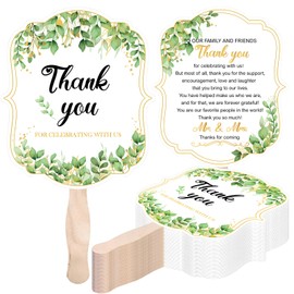 Glavatrix 50 Pieces Wedding Hand Fans for Guests, Greenery Handheld Paper Fan with Wooden Handle Thank You for Celebrating with Us Wedding Favor Bridal Shower Party Supplies, Gold & Green Leaf