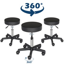 XIAOSENLIN PU Leather Round Rolling Stool with Foot Rest Swivel Height Adjustment for Spa Drafting Salon Tattoo Work Office Massage Stools Task Chair (Black3-Round)