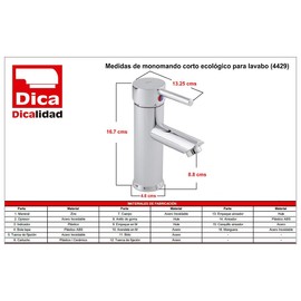 DICA, Monomando Corto Ecologico para Lavabo, Acabado Cromo, Acero Inoxidable, Hule, Acero, Media y Alta Presión, 4429