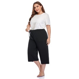 ZERDOCEAN Women's Plus Size Wide Leg Casual Lounge Pants Comfy Capris Relaxed Pajama Bottoms Drawstring Pockets Black 2X
