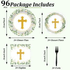 God Bless Tableware Set Baptism Plates First Holy Communion Plates and Napkins Mi Bautizo Eucalyptus Leaves Sage Disposable Dinnerware for Christening Baby Shower Party Supplies Serve 24