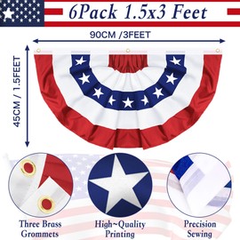 6 Pack 1.5x3 FT USA Pleated Fan Flag, American Bunting Flag Patriotic Half Fan Banner 4th of July Decorations Outdoor Memorial Day Decor Fourth July Independence Day Outside Red White and Blue Decor