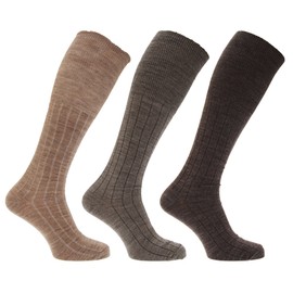 Mens Long Length Ribbed Lambswool Blend Socks (Pack Of 3) (UK 6-11 EURO 39-45) (Brown Assorted)