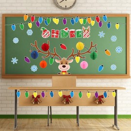 Whaline 3D Christmas Honeycomb Bulletin Board Decoration Set Xmas Reindeer Light Bulb Cutouts and 3D Paper Flower Balls with 200Pcs Glue Points for Winter Party Home Classroom, 60Pcs