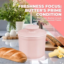 Flexzion Porcelain Butter Crock Butter Keeper, French Butter Dish with Lid, Tabletop Spreadable Soft and Fresh Water Sealed Butter Holder Cafe Retro Collection Farmhouse Decor 2 Pack (Pink)