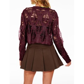 Vinsekep Womens Gothic Short Sweaters Casual Hallow Out Oversized Punk Goth Black Sweater Long Sleeve Ripped Crop Tops with Holes OneSize Burgundy Red