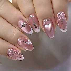 QQPPOLIU Cute Press on Nails Almond Medium False Nails with Heart Design Glue on Nails Cat Eyes Fake Nails for Women and Girls 24Pcs