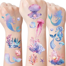 Mermaid Temporary Tattoos Sticker for Kids - 8 Sheets 240 Styles Mermaid Birthday Party Favors Decorations Under The Sea Animal Tattoo Stickers for Girls Boys Ocean Themed Party Goodie Bags Fillers