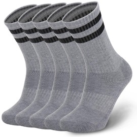 Ultrafun 5 Pairs Striped Crew Socks Cotton Cushioned Athletic Sports Running Socks for Men Women Teens (US, Alpha, X-Large, Regular, Regular, Grey)