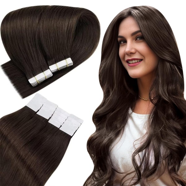 Easyouth Tape-In Real Hair Extensions, Remy Extensions, Colour Darkest Brown, 14 Inches, 40 g, Skin Weft, Glue-On Extension, Real Hair, #2