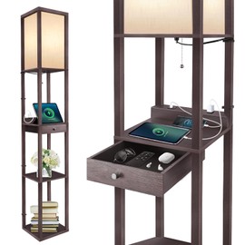 OUTON Deluxe Shelf Floor Lamp with 1 Drawer, 2 USB-C Ports, 2 AC Outlets, LED Modern Floor Lamp with 3 Color Temperature, Storage Display Wood Standing Lamp for Living Room, Bedroom, Office (Walnut)